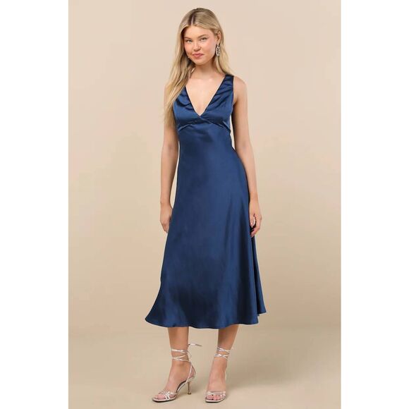 NWT Lulus Incredible Love Navy Blue Satin Cowl Back Midi Slip Dress Size Large - Picture 1 of 7